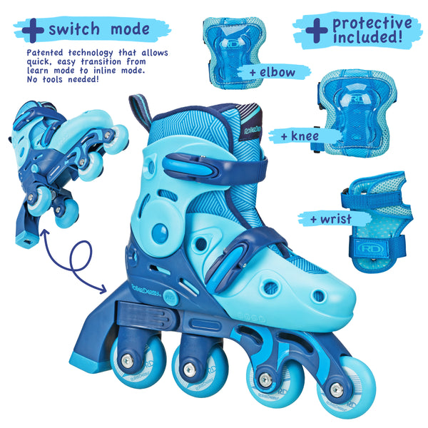 Roller Derby Switch Combo Adjustable Skates (4 sizes in one skate) Blue Stripes